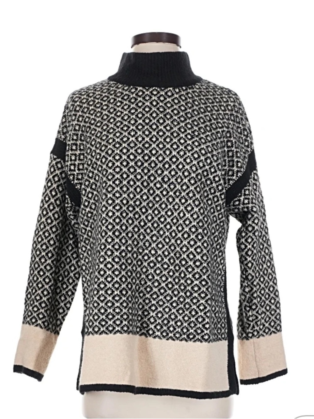 J. Jill Black and Cream Geometric Mock Neck Sweater